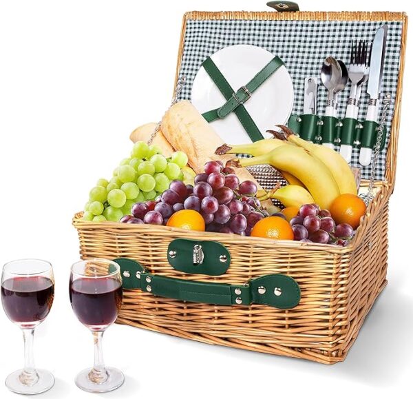 Handmade Wicker Picnic Basket for 2 with Insulated Cooler, Ceramic Plates, Utensils & Wine G ...