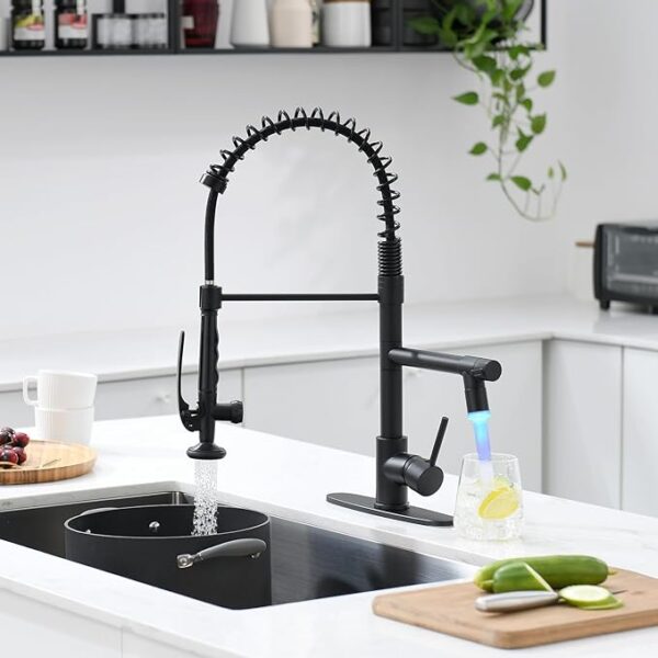 Fapully LED Kitchen Faucet with Pull Down Sprayer,Commercial Matte Black Kitchen Sink Faucet wit ...